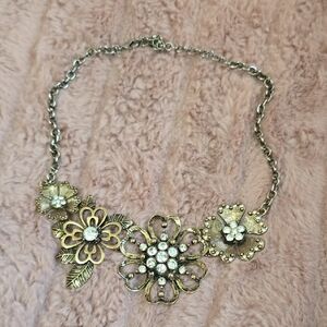 Floral Crystal Statement Necklace - Gold Tone